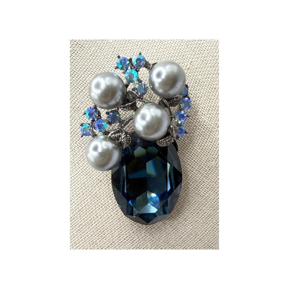 Signed Blue Glass Pearl AB Crystal Pendant Brooch Silver Leaf Convertible Pin